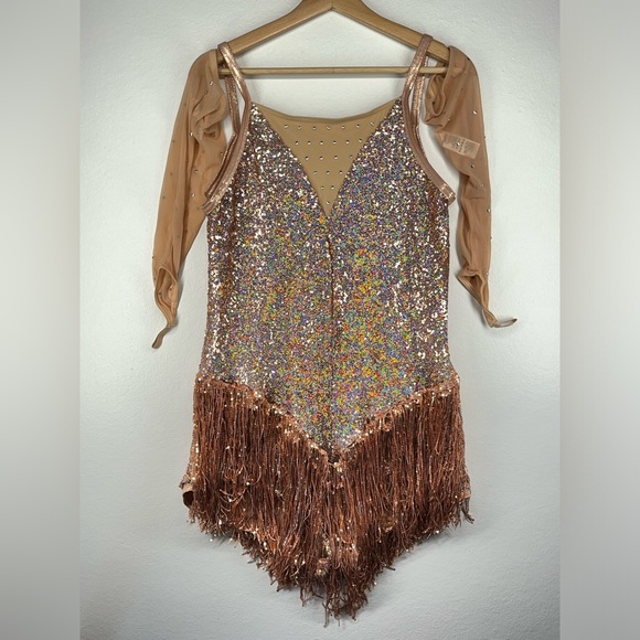 Weissman Rose Gold Jazz Sequins Fringe Skirt Dress Leotard Dance Costume NEW - Picture 3 of 15